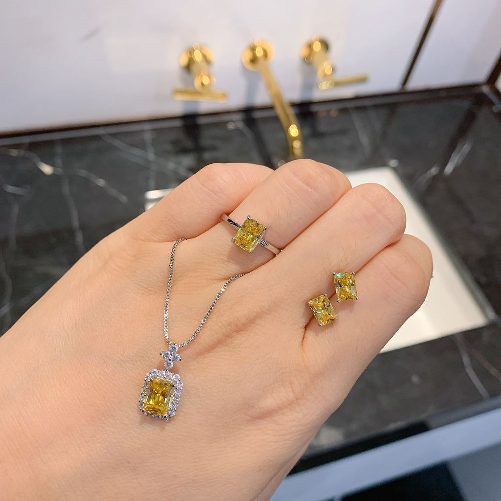 ست حلقه آویز گوشواره کوچک مستطیل شکل الماس زرد شبیه سازی کربن بالا
