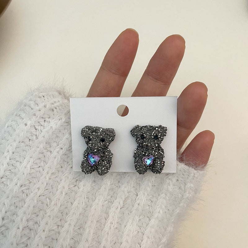 Silver needle studded with diamond bear rabbit earrings