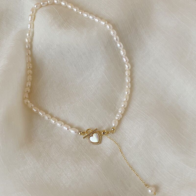 زنجیر گردن لوبیا طلایی کوچک طلایی مروارید تقلیدی طبیعی باروک