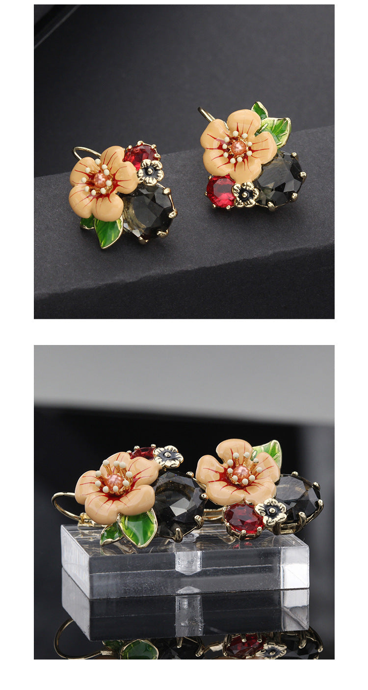 레트로 기름 떨어지는 꽃 귀걸이 신선한 동화 에나멜 귀걸이