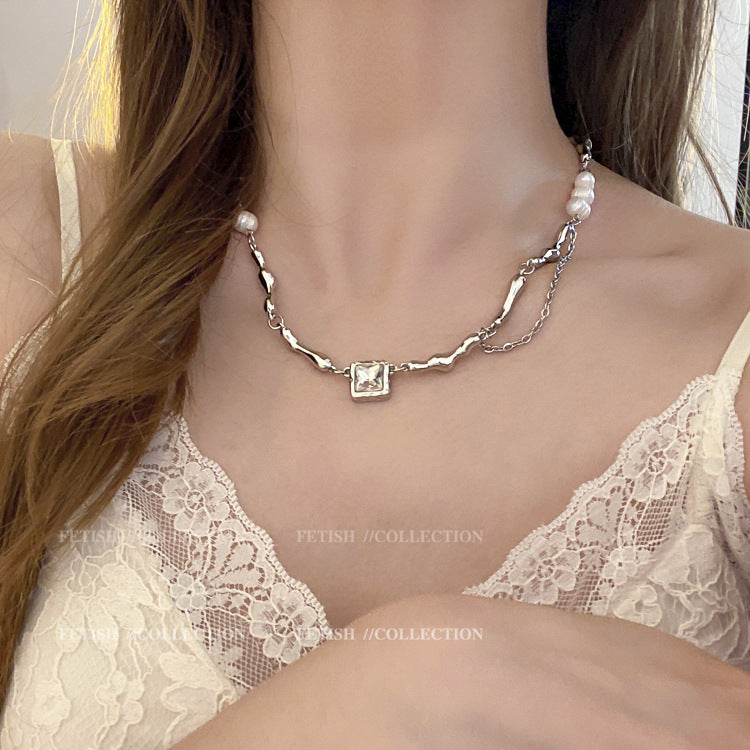 바로크 담수 모조 진주 블랙 지르콘 목걸이 여성