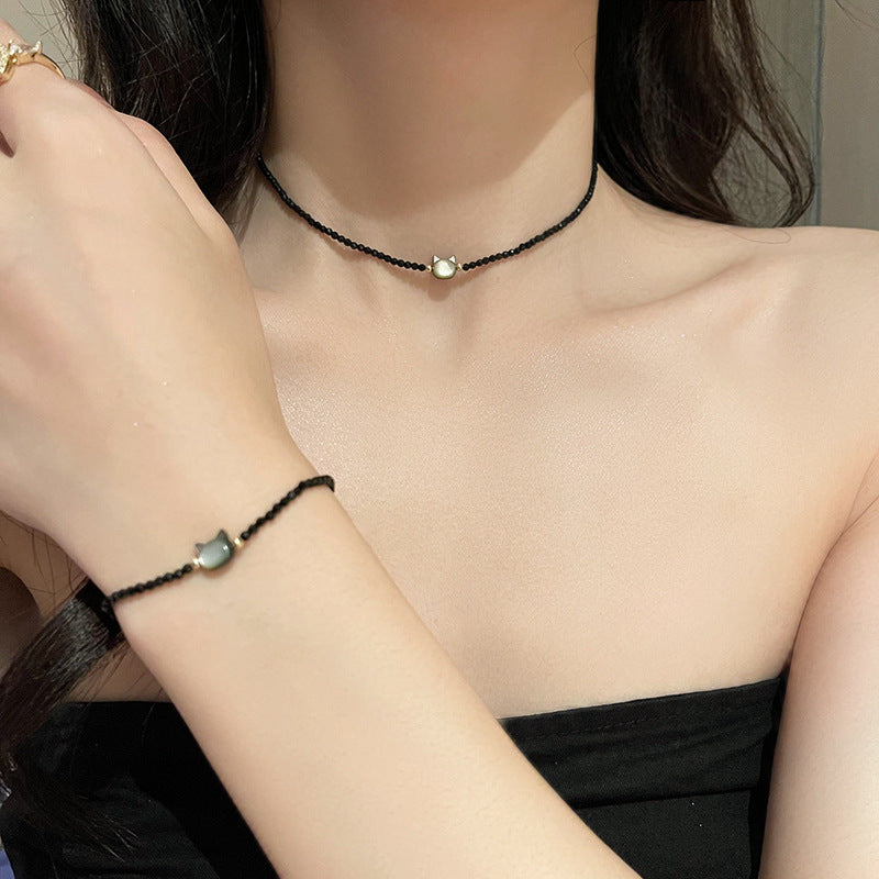 블랙 크리스탈 샤오 마오 헤드 목걸이 팔찌