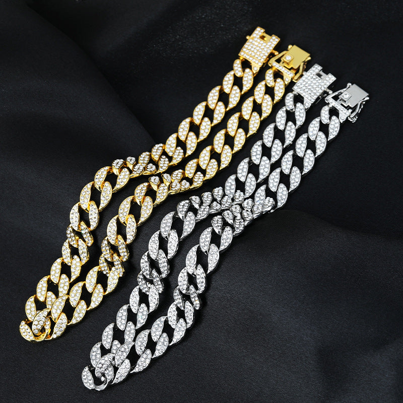 কিউবান নেকলেস সম্পূর্ণ হীরা পুরু ব্রেসলেট ক্ল্যাভিকল চেইন সমন্বয়