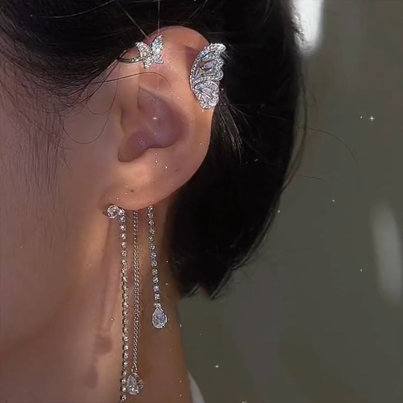 Super flash rhinestone smart butterfly tassel earrings female niche design advanced fashion Joker earhole-free ear clip ear hanging