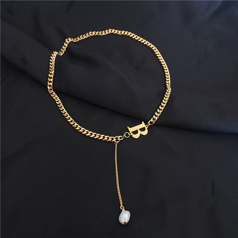 Gold and silver two-color letter B stitching drop pendant short necklace