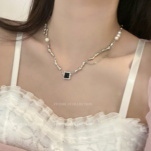 巴洛克淡水仿珍珠黑鋯石項鍊女