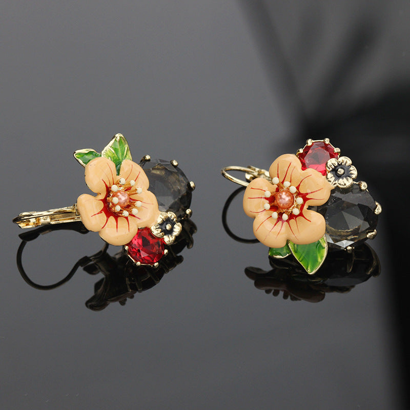 레트로 기름 떨어지는 꽃 귀걸이 신선한 동화 에나멜 귀걸이