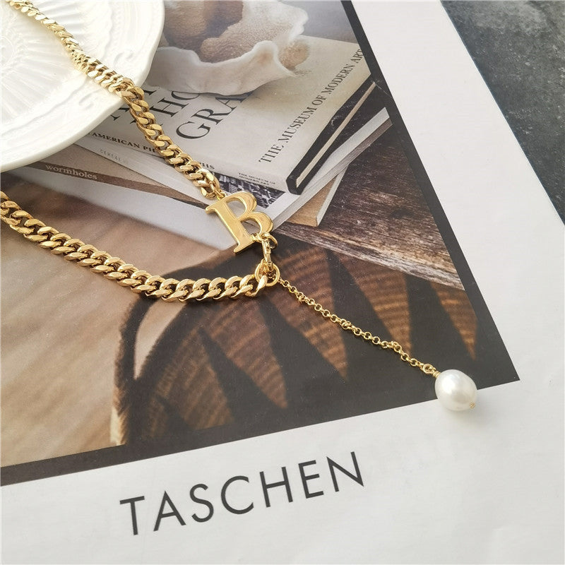 Gold and silver two-color letter B stitching drop pendant short necklace