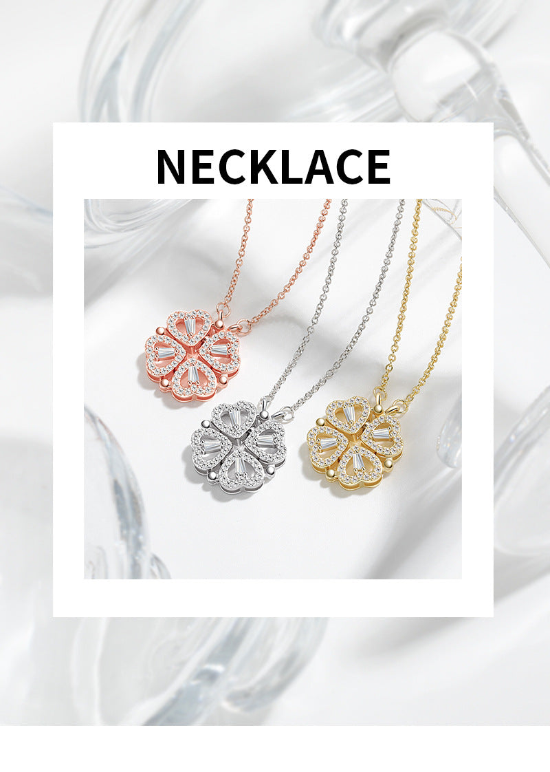 Two-wear love flower pendant heart-to-heart connection niche design feeling one-way more heart-shaped four-leaf clover necklace