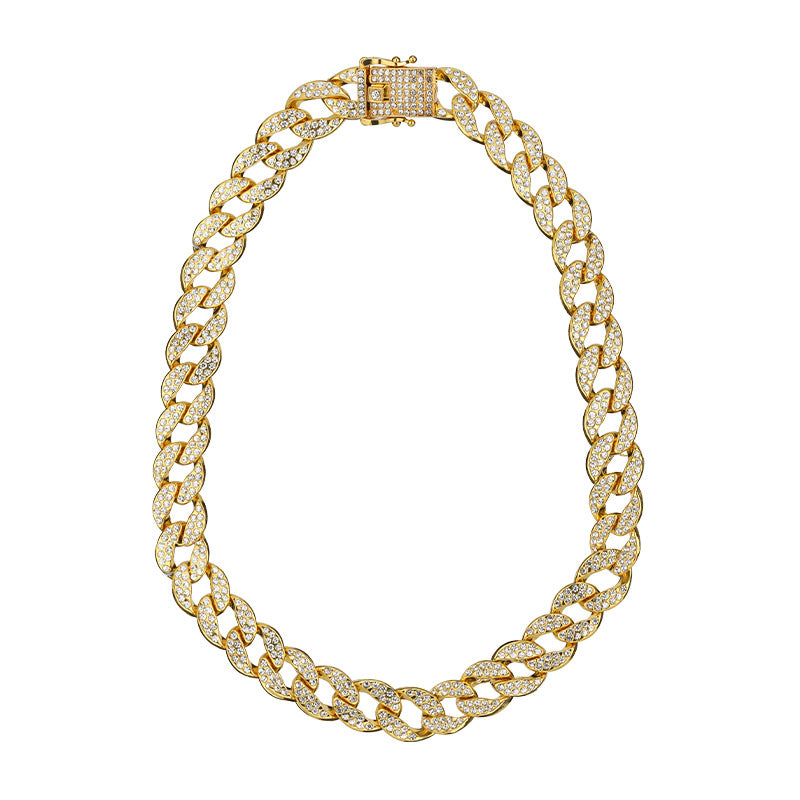 কিউবান নেকলেস সম্পূর্ণ হীরা পুরু ব্রেসলেট ক্ল্যাভিকল চেইন সমন্বয়