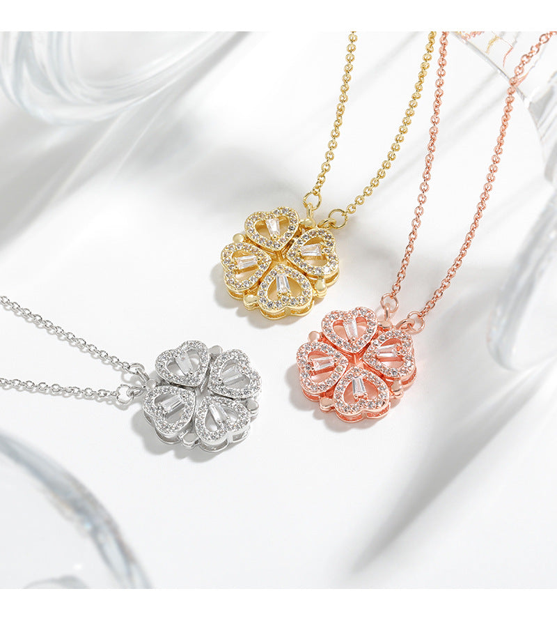 Two-wear love flower pendant heart-to-heart connection niche design feeling one-way more heart-shaped four-leaf clover necklace