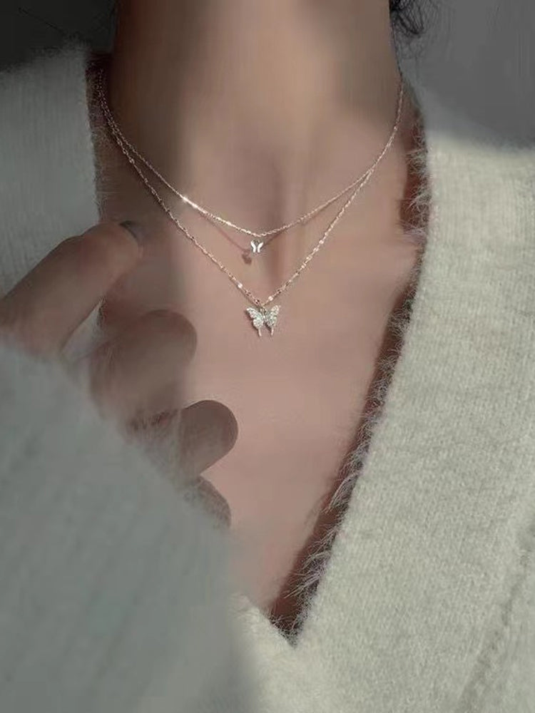 Doppelschichtige Schmetterlingshalskette aus Titanstahl für weibliche Schlüsselbeinkette