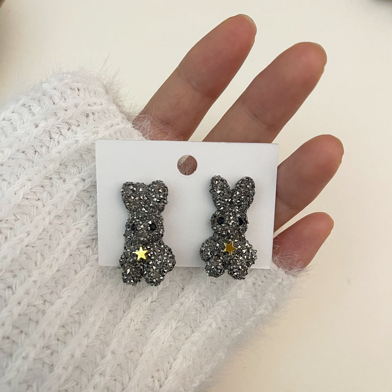 Silver needle studded with diamond bear rabbit earrings