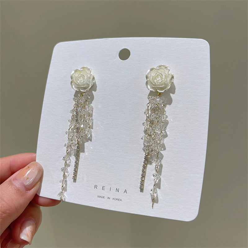 Little Fragrant Wind Camellia Tassel Long Earrings