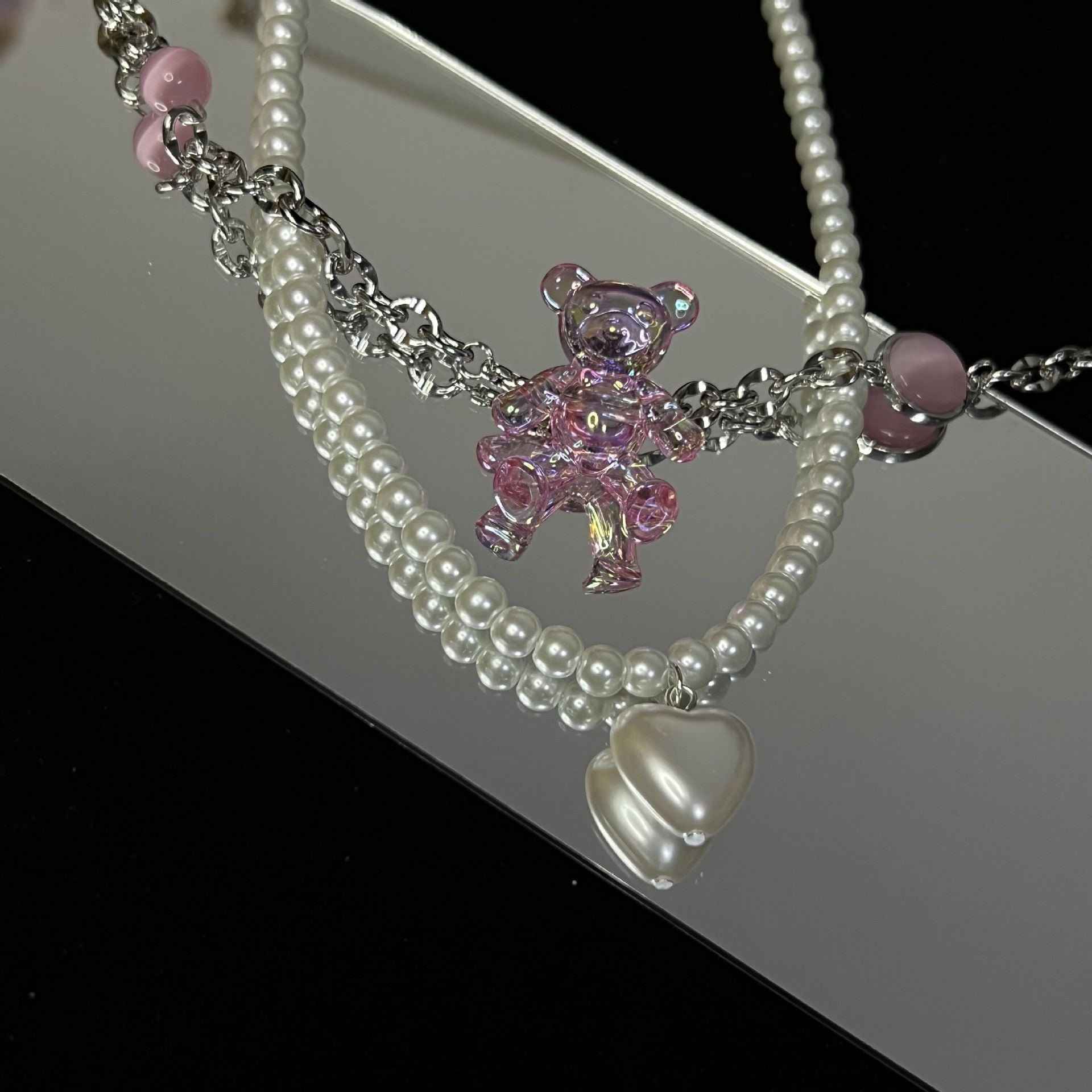 Love Opal Pink Bear Necklace Clambone Chain