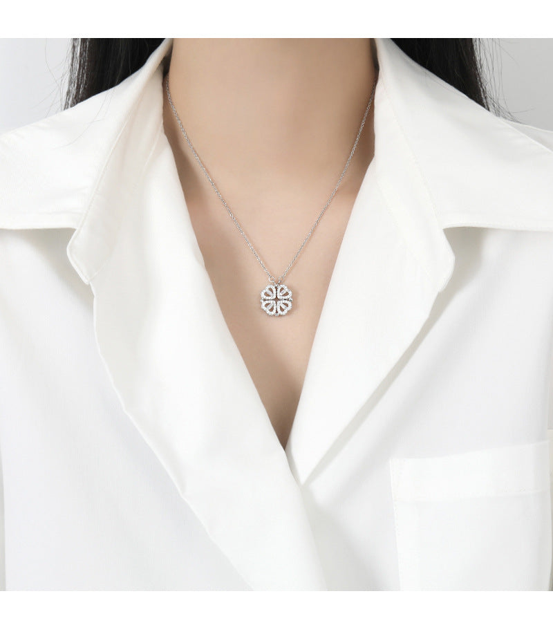 Two-wear love flower pendant heart-to-heart connection niche design feeling one-way more heart-shaped four-leaf clover necklace