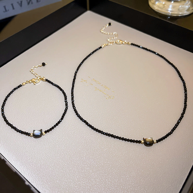 블랙 크리스탈 샤오 마오 헤드 목걸이 팔찌