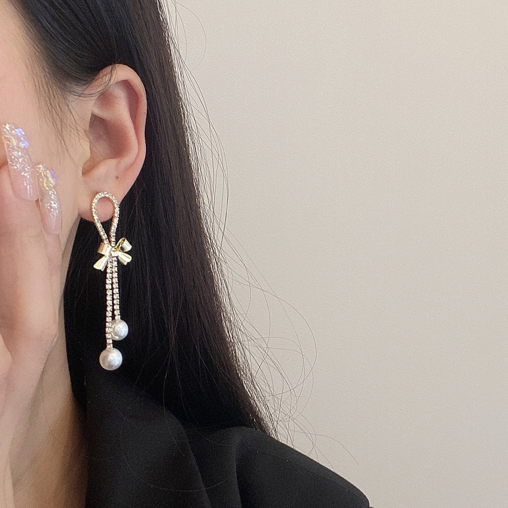 리본 라인스톤 태슬 이어링