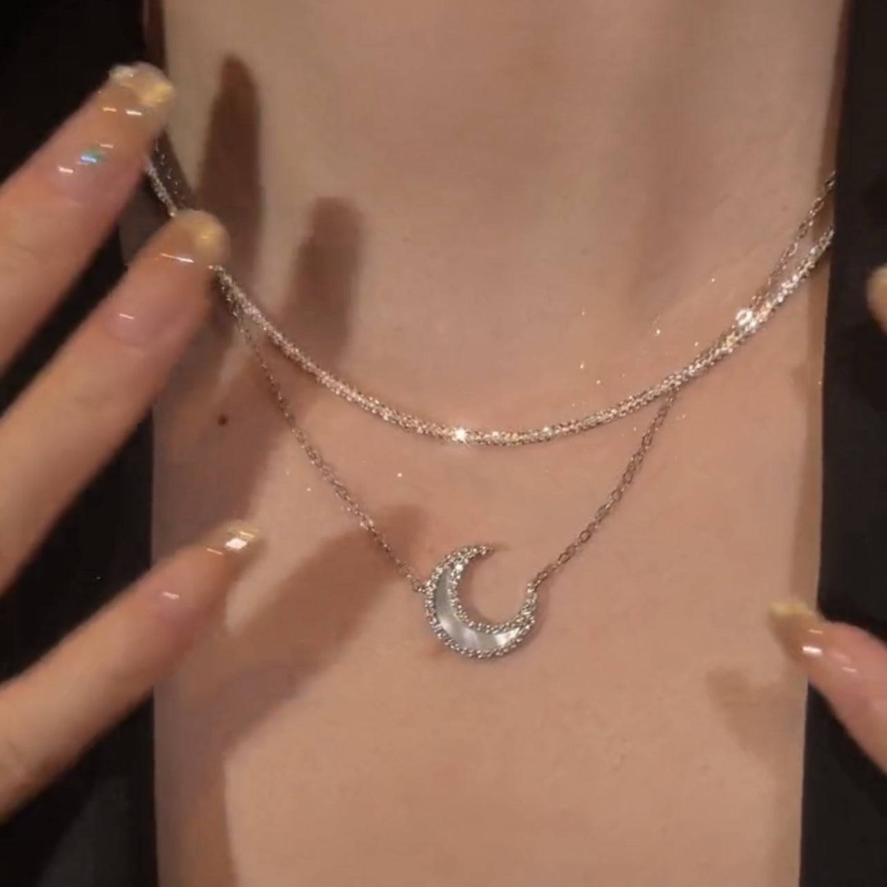 প্রাকৃতিক শেল চাঁদ ডাবল-স্তর দুই-টুকরা ক্ল্যাভিকল চেইন নেকলেস স্পার্কলিং নেকলেস মহিলা