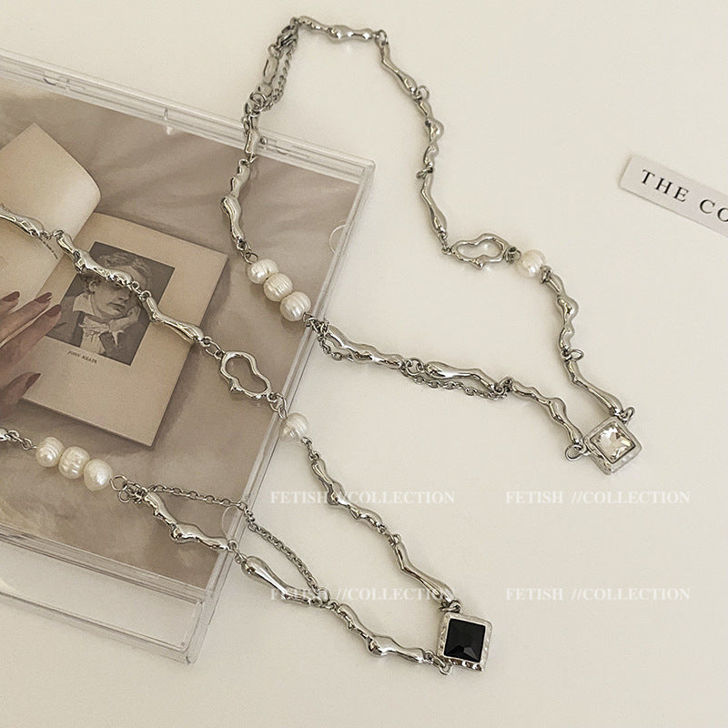 바로크 담수 모조 진주 블랙 지르콘 목걸이 여성