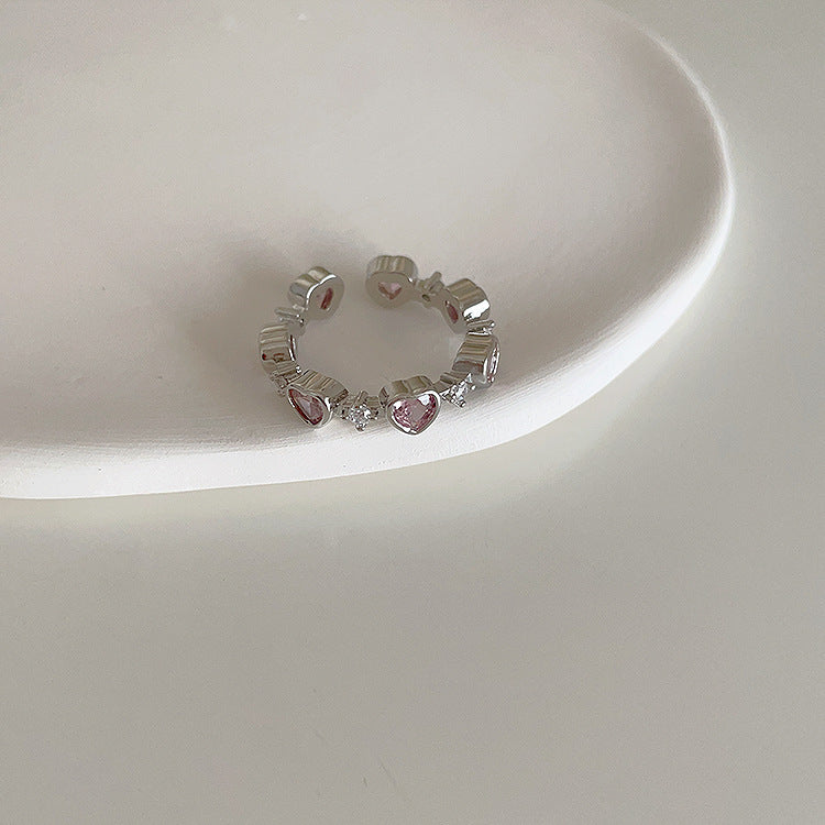 Pink Heart-Shaped Zircon Metal Open Ring Cn0077