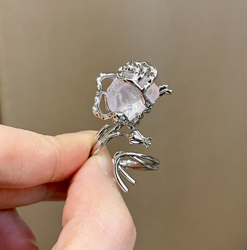 Thorn Rose Flower Index Finger Ring Purple Rough Stone Crystal Open Ring