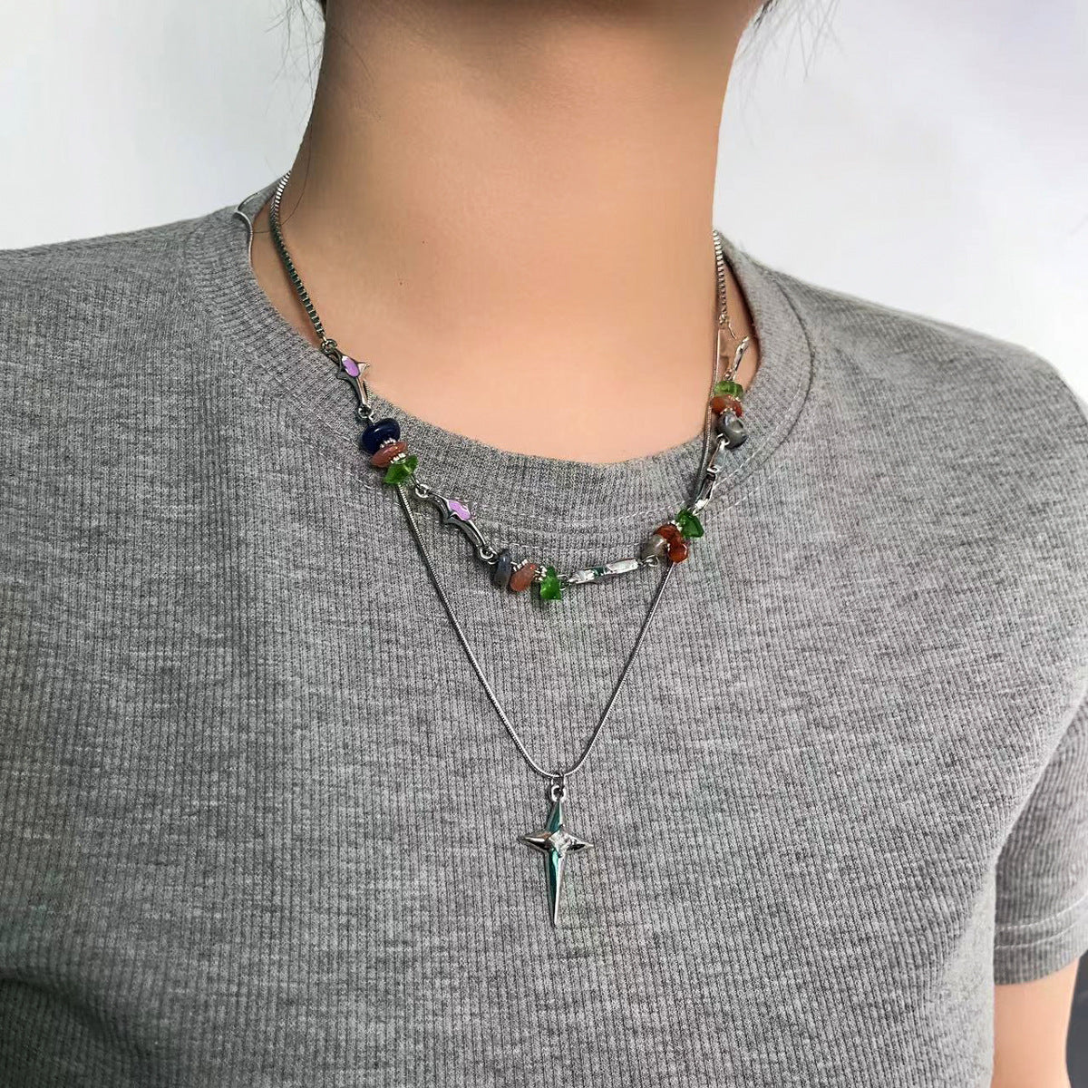 Titanium Steel Zircon Cross Necklace Cn0074