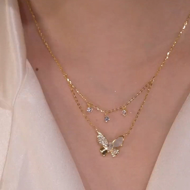 Fashion Simple Golden Shell Micro Inlaid Butterfly Pendant Small Diamond Women's Necklace Clavicle Chain