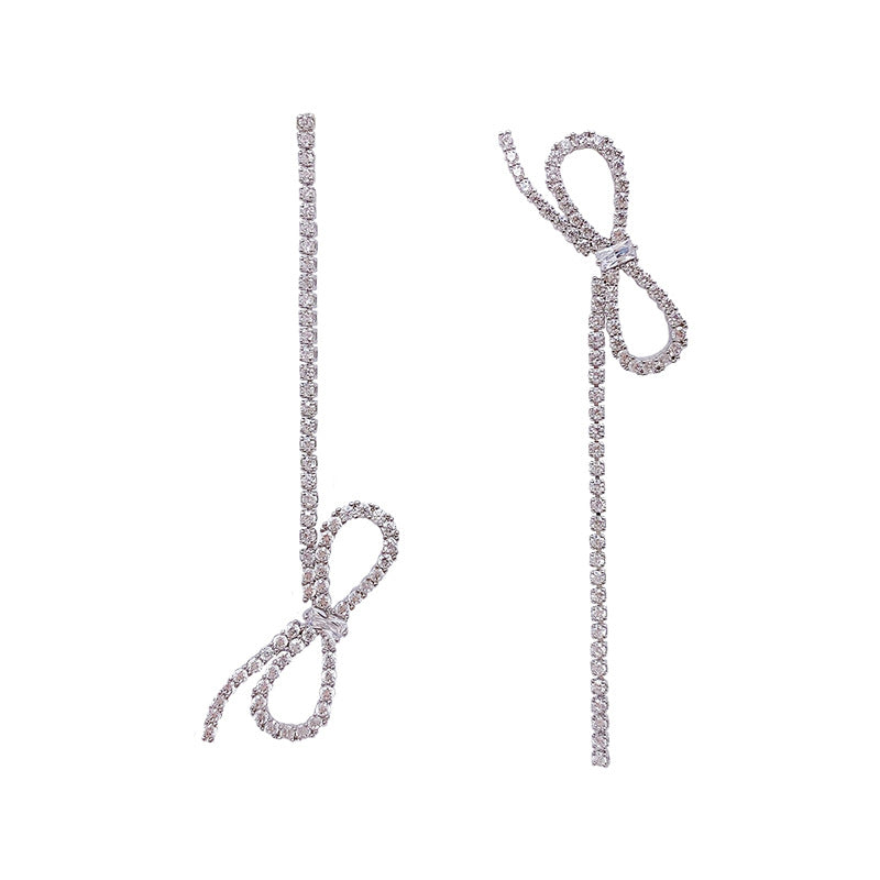 Asymmetric Bow Earrings Long Tassel Jeweled Earrings