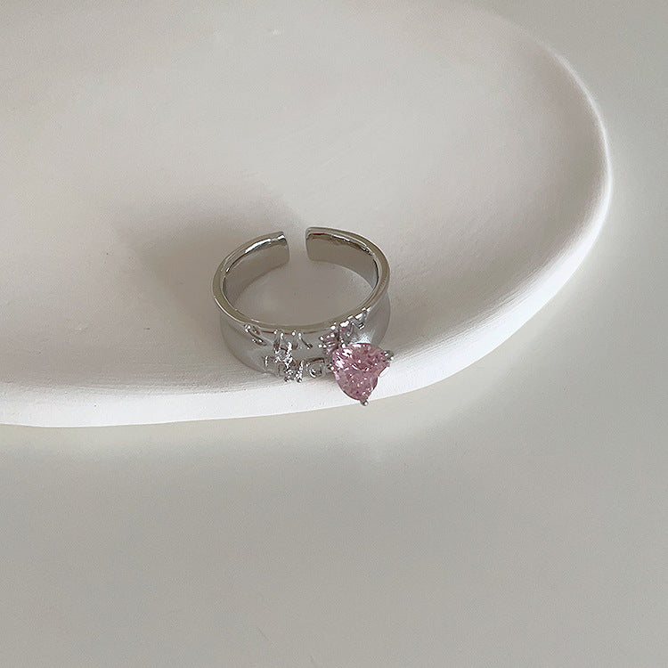 Pink Heart-Shaped Zircon Metal Open Ring Cn0077