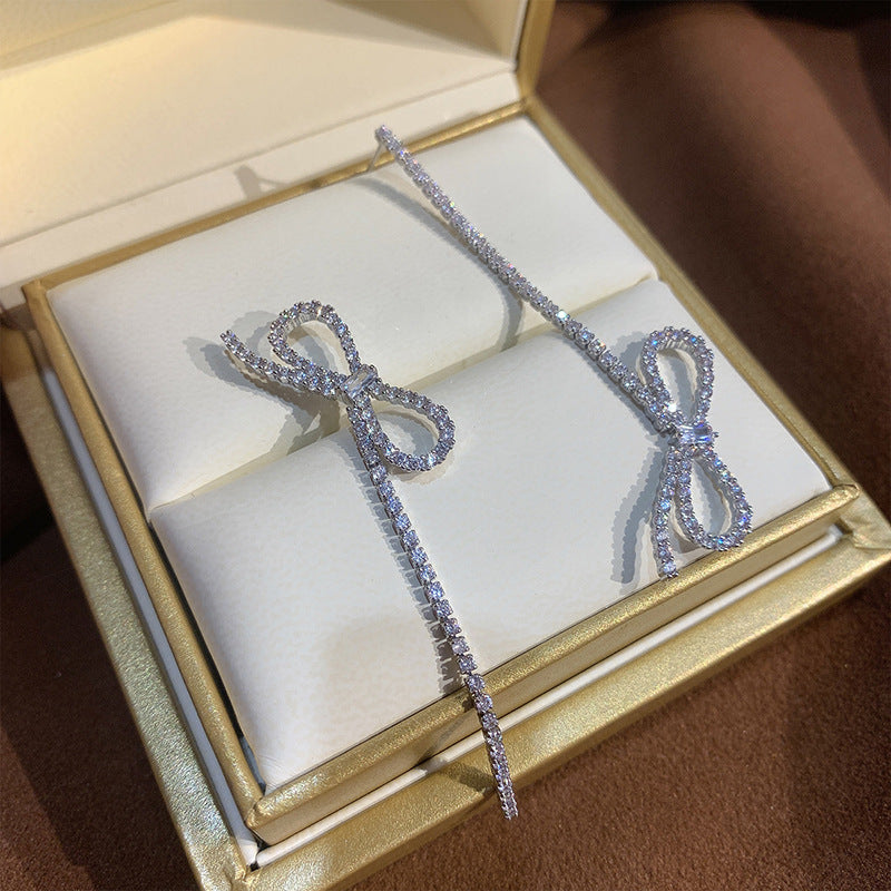 Asymmetric Bow Earrings Long Tassel Jeweled Earrings