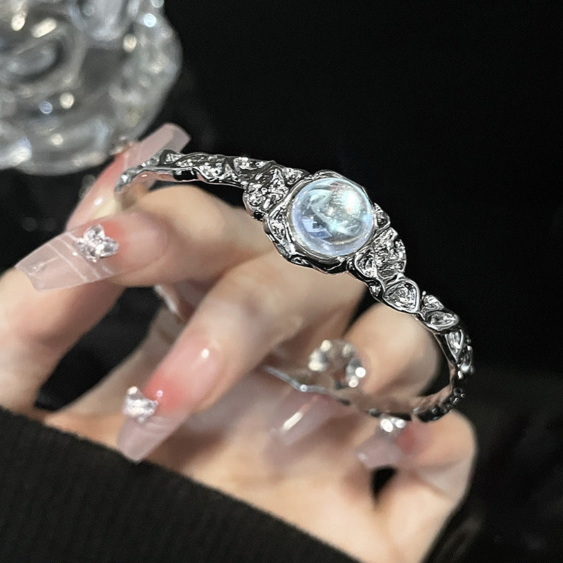 Irregular Pleated Open Ring Moonstone Gemstone Bracelet Set CN0005