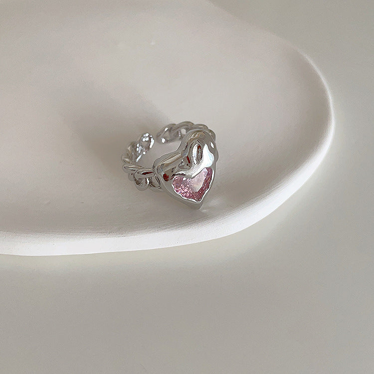 Pink Heart-Shaped Zircon Metal Open Ring Cn0077