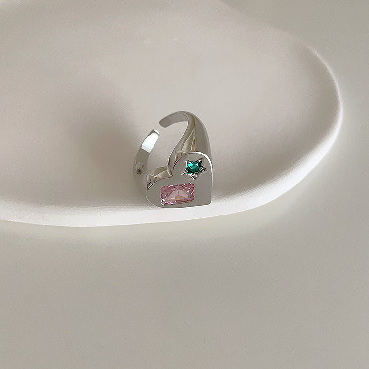 Pink Heart-Shaped Zircon Metal Open Ring Cn0077