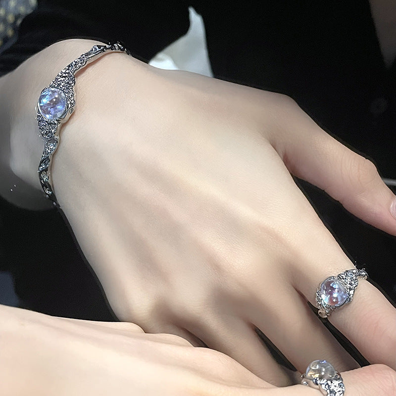 Irregular Pleated Open Ring Moonstone Gemstone Bracelet Set CN0005