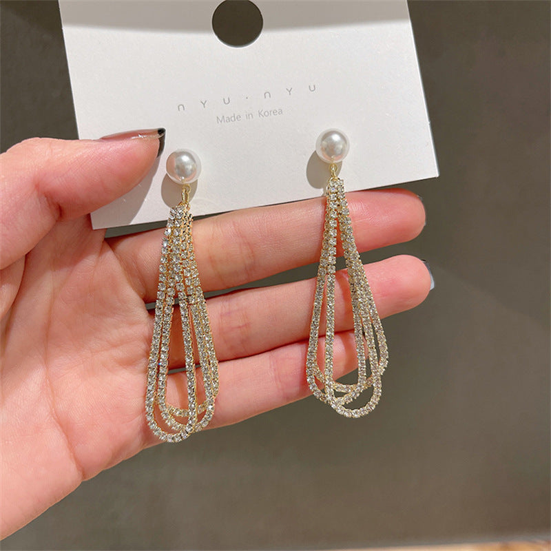 Long Pearl Tassel Full Diamond Temperament Stud Earrings