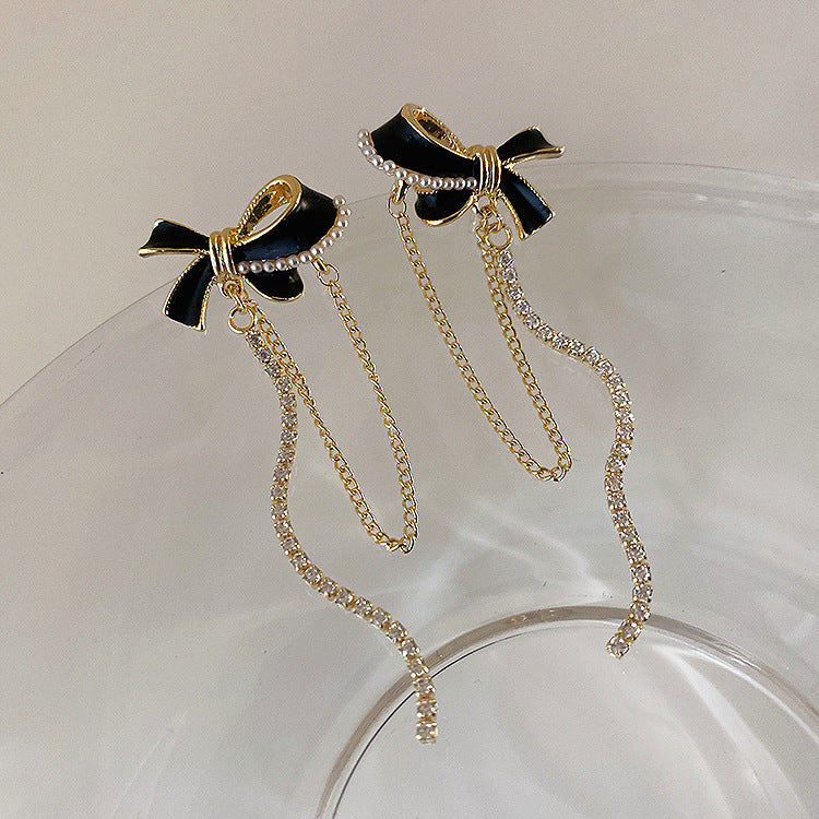 Bow Rhinestone Chain Tassel Long Earrings