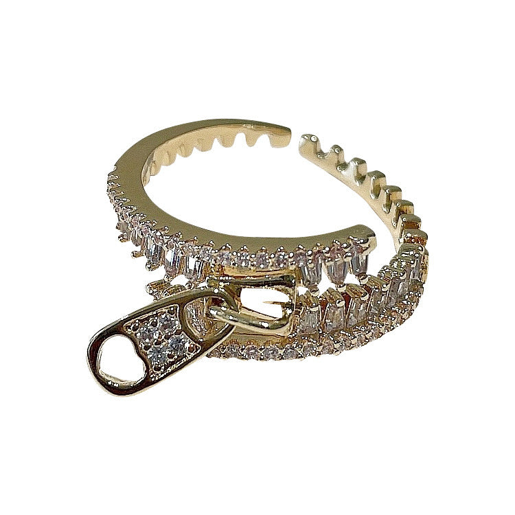Fashion Personality Design Zipper Opening Ring Rhinestone Zircon Index Finger Ring