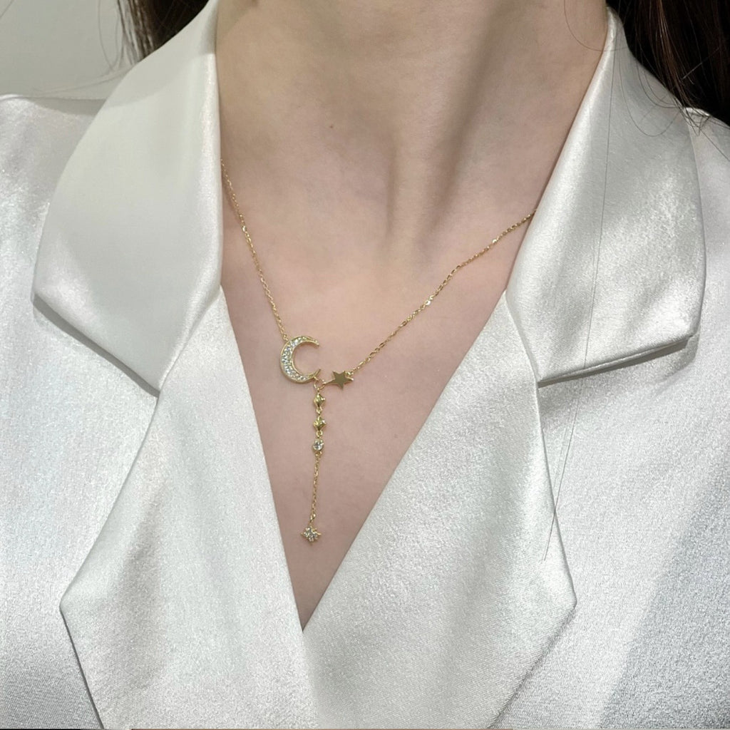 Mikro Bertatahkan Zirkon Bulan XINGX Rantai Klavikula Bintang Bulan Rumbai Kalung