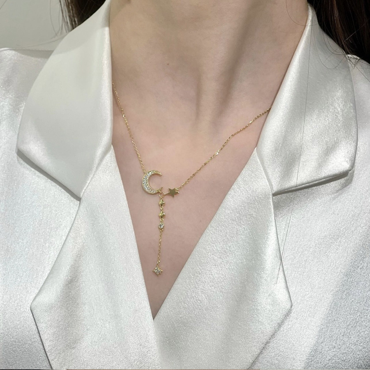 مائیکرو انلاڈ زرکون مون XINGX ہنسلی چین سٹار مون ٹیسل ہار