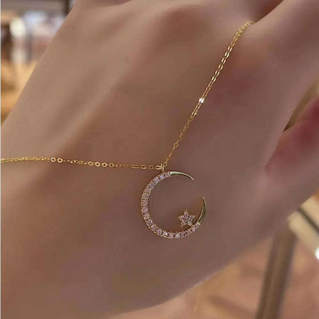 Star and Moon Necklace Shining Refined Zircon Clavicle Chain