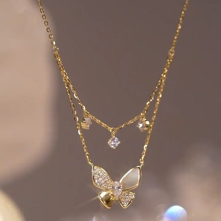 Fashion Simple Golden Shell Micro Inlaid Butterfly Pendant Small Diamond Women's Necklace Clavicle Chain