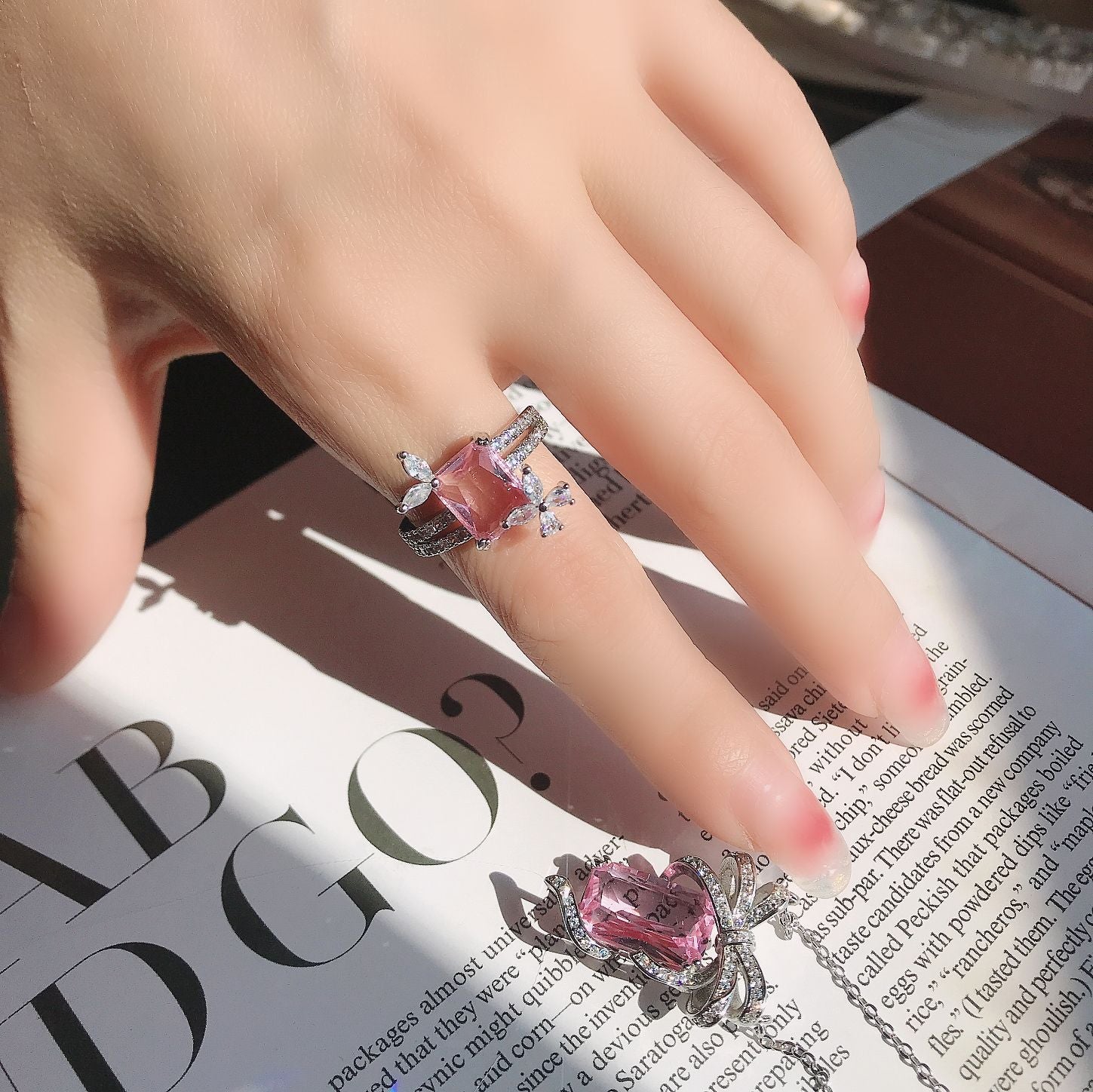 Rose Light Pink Colored Gems Two-Piece Set Necklace Ring