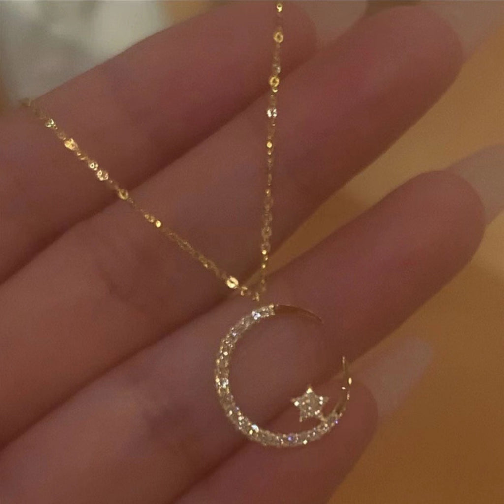 Star and Moon Necklace Shining Refined Zircon Clavicle Chain