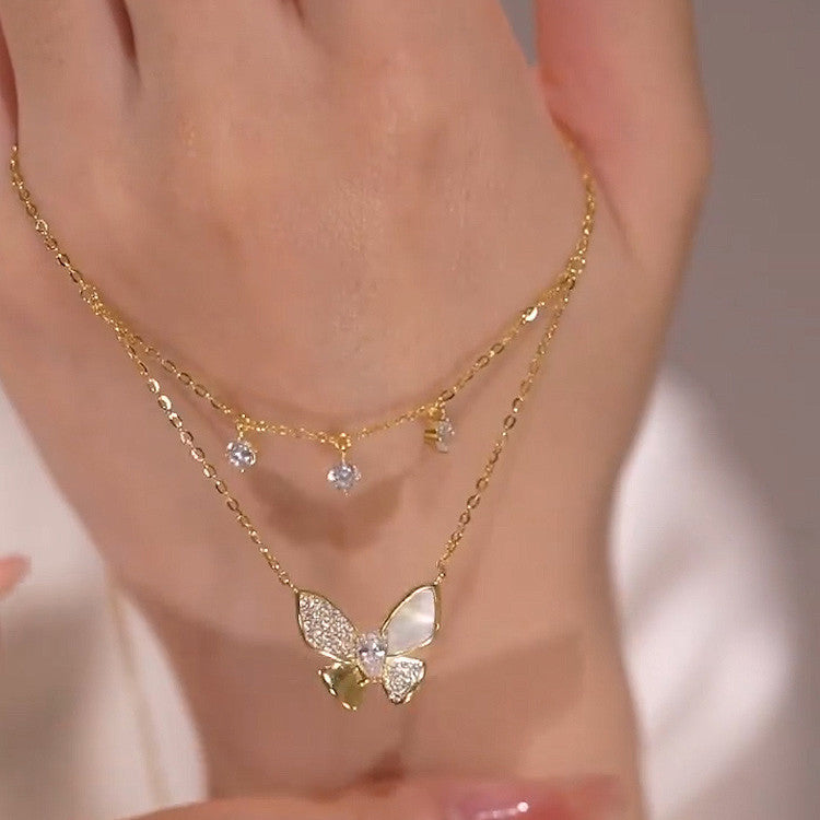 Fashion Simple Golden Shell Micro Inlaid Butterfly Pendant Small Diamond Women's Necklace Clavicle Chain