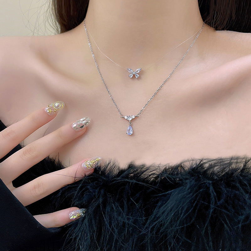 زرکون بٹر فلائی ہار ڈبل لیئر ڈراپ سائز کی ہنسلی کی زنجیر