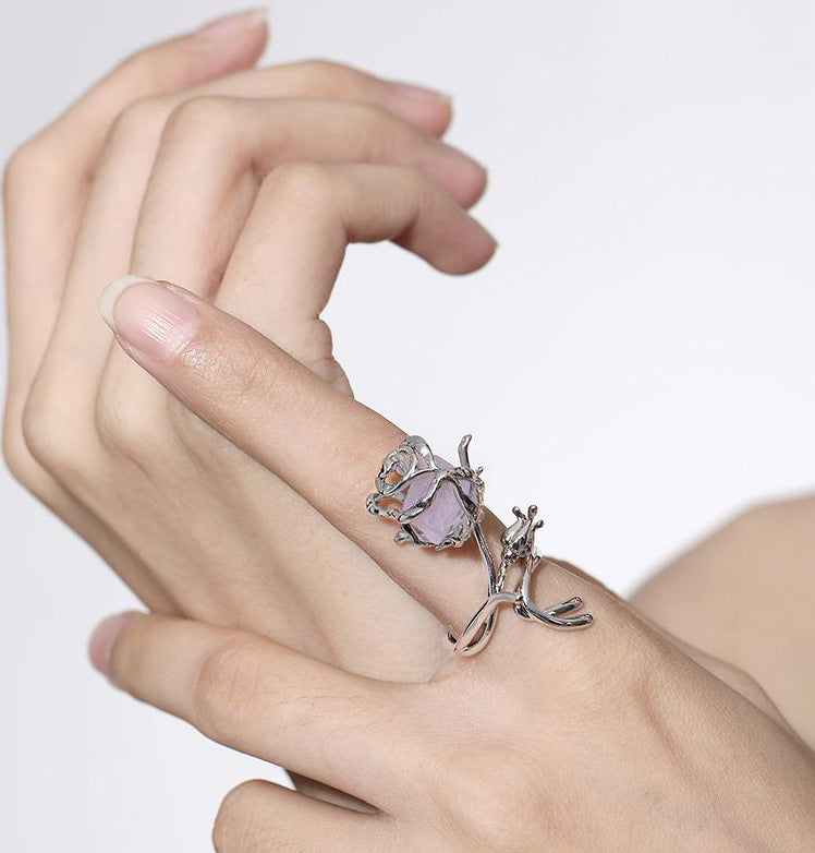 Thorn Rose Flower Index Finger Ring Purple Rough Stone Crystal Open Ring