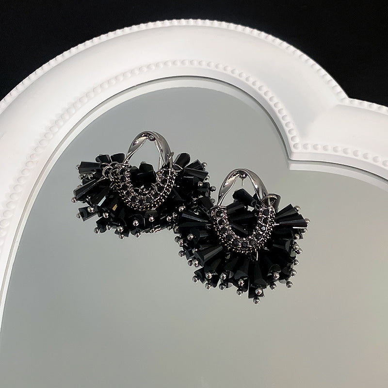 Silver Stud Rhinestone-Encrusted Chain Crystal Tassel Earrings Cn0031