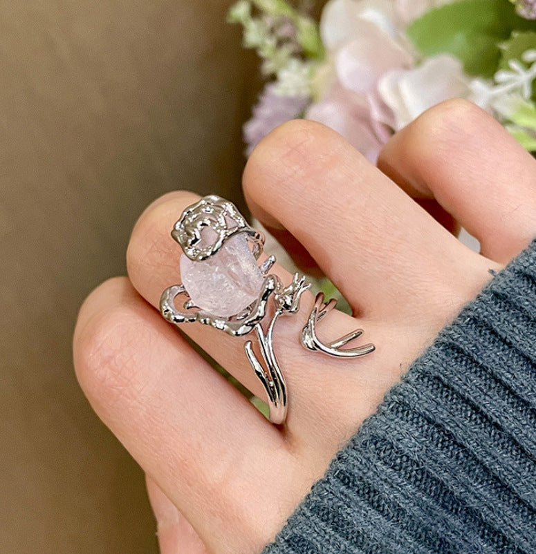 Thorn Rose Flower Index Finger Ring Purple Rough Stone Crystal Open Ring