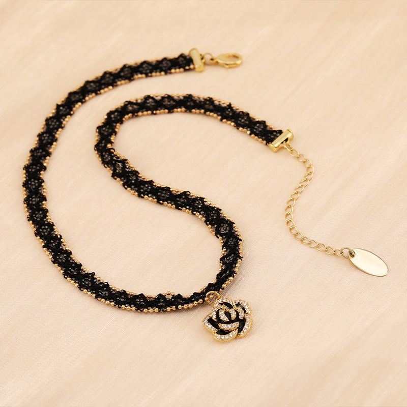 Spitzenhalskette Kurze Halskette Rosenanhänger Schwarz Sexy Halskette Halsband